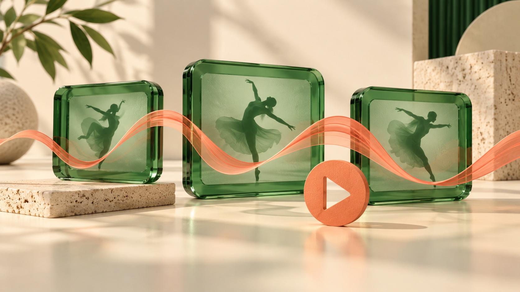 Conceptual glass video frames with an orange waveform ribbon