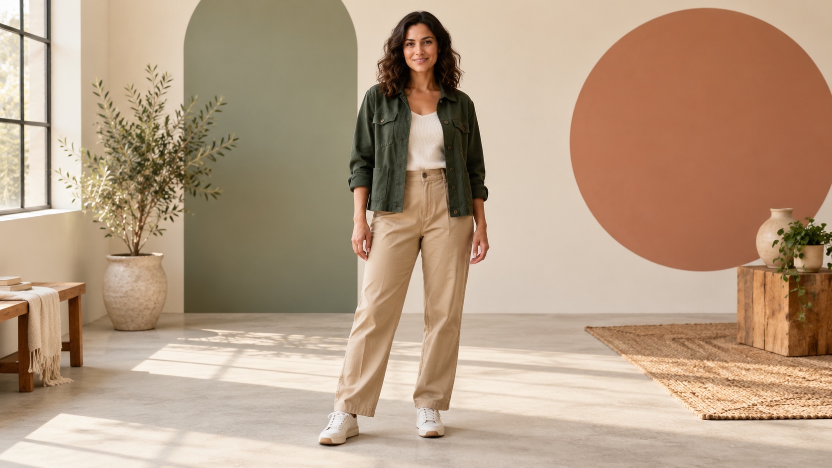 AI-created fictional adult standing in a bright studio with full body and hands visible