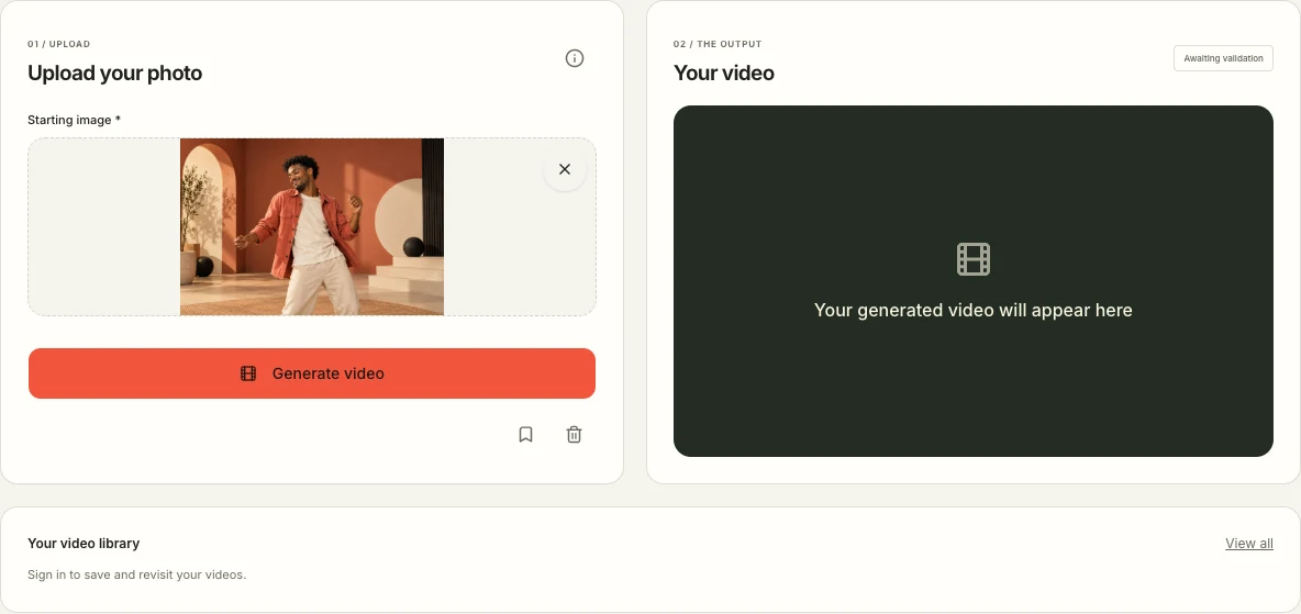 Actual Bulin 47 Video interface showing a single starting-image upload